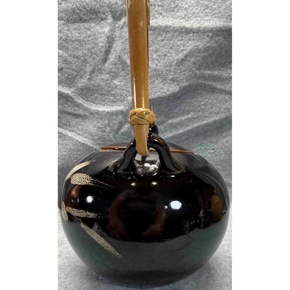 Vintage Japanese Style Ceramic Teapot Black Glaze Bamboo Handle Floral Design